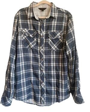 Outpost Men’s L Plaid Button-Up Shirt Long Sleeve Blue Lightweight Cotton Blend